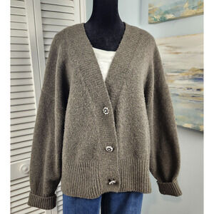 H&M Oversized Fuzzy Cardigan Gray V-Neck Rhinestone Buttons Large Wool Blend